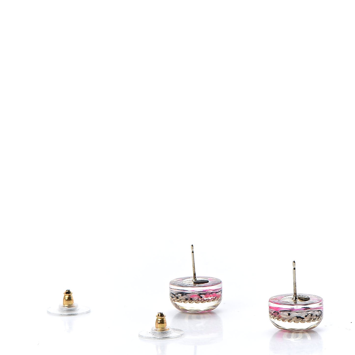 Resin Tweed Chain CC Round Earrings Gold Pink