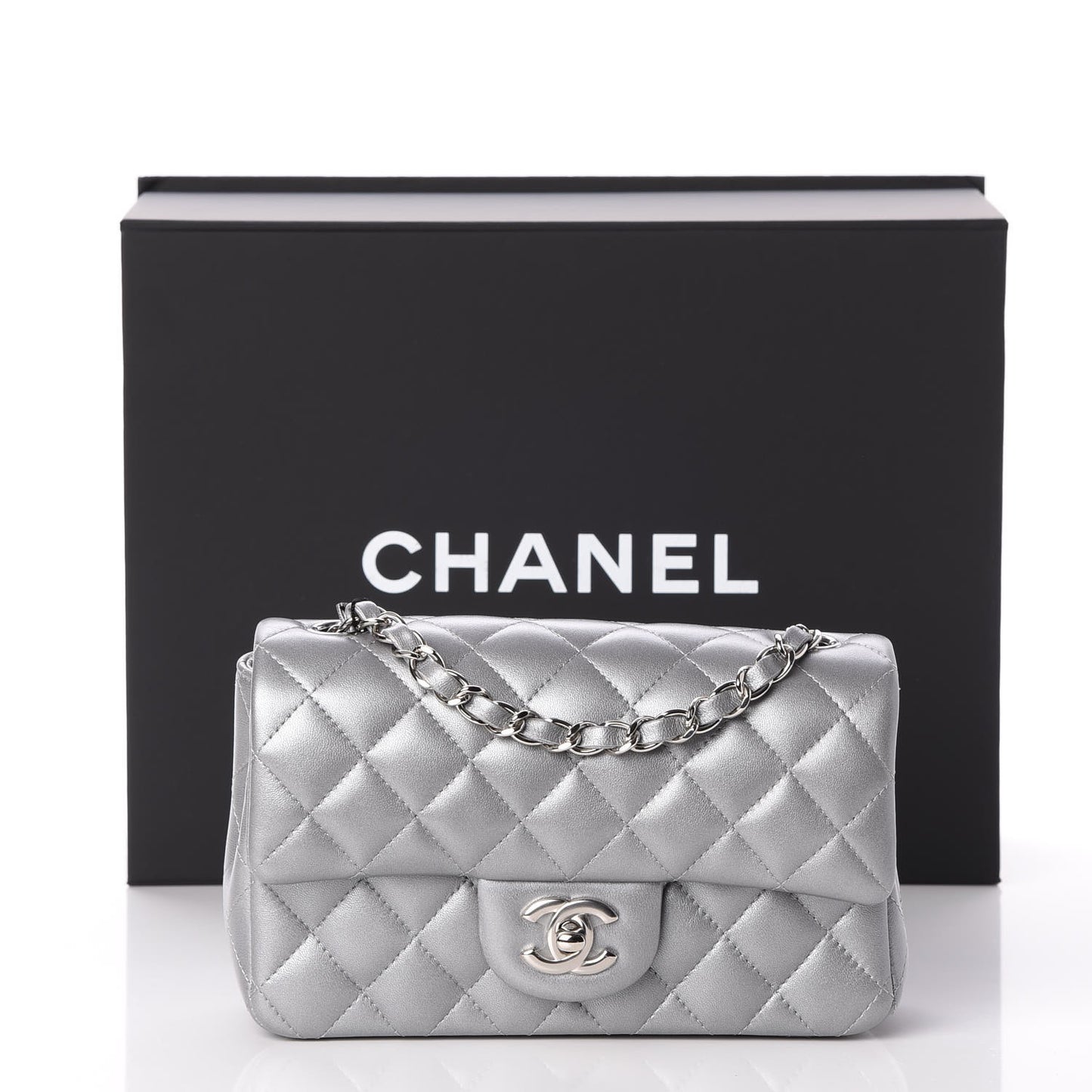 Metallic Lambskin Quilted Mini Rectangular Flap Silver