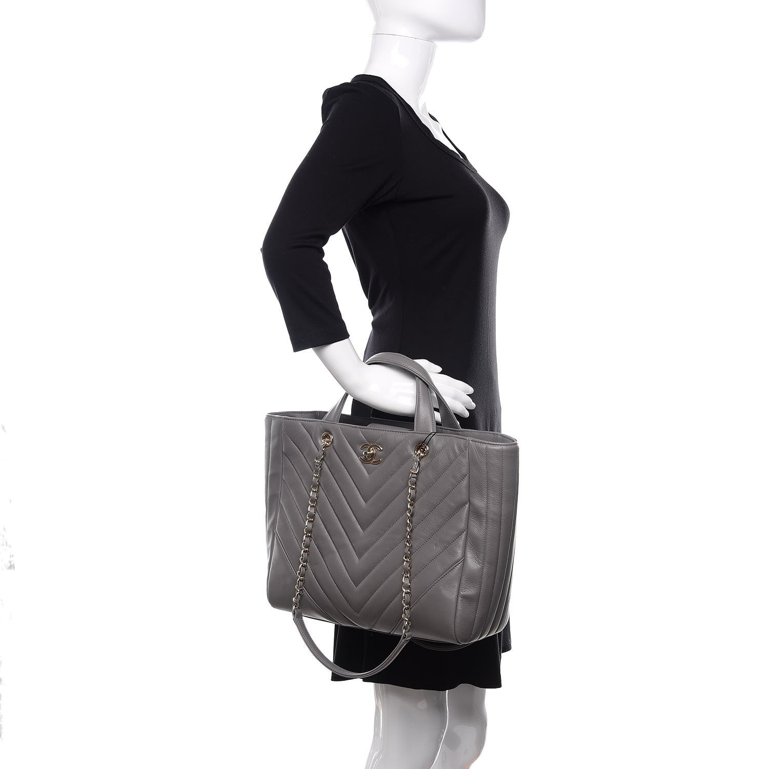 Chanel Calfskin Chevron Quilted Statement Shopping Tote Grey 3 of 11