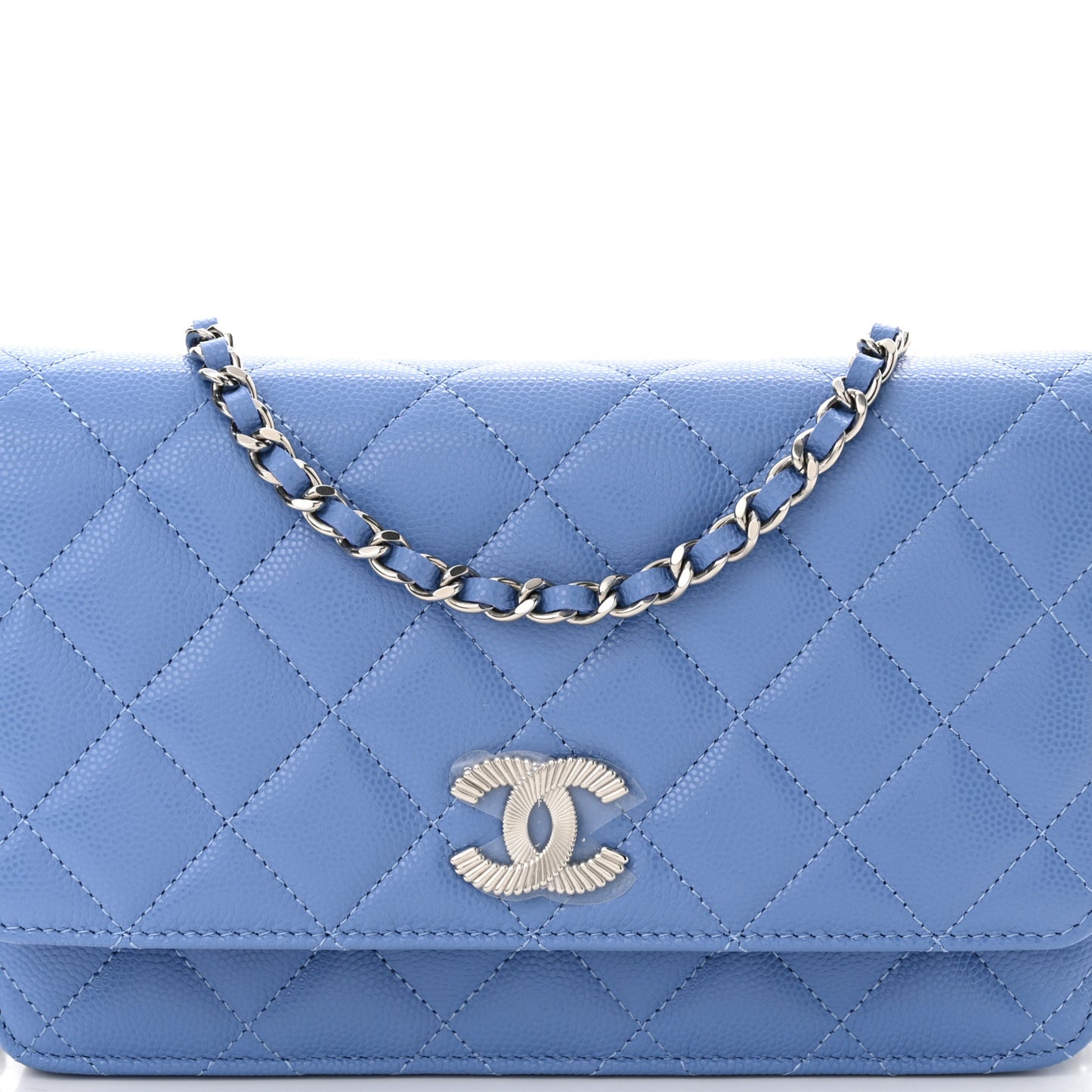 Caviar Quilted Ribbed Metal Wallet on Chain WOC Blue
