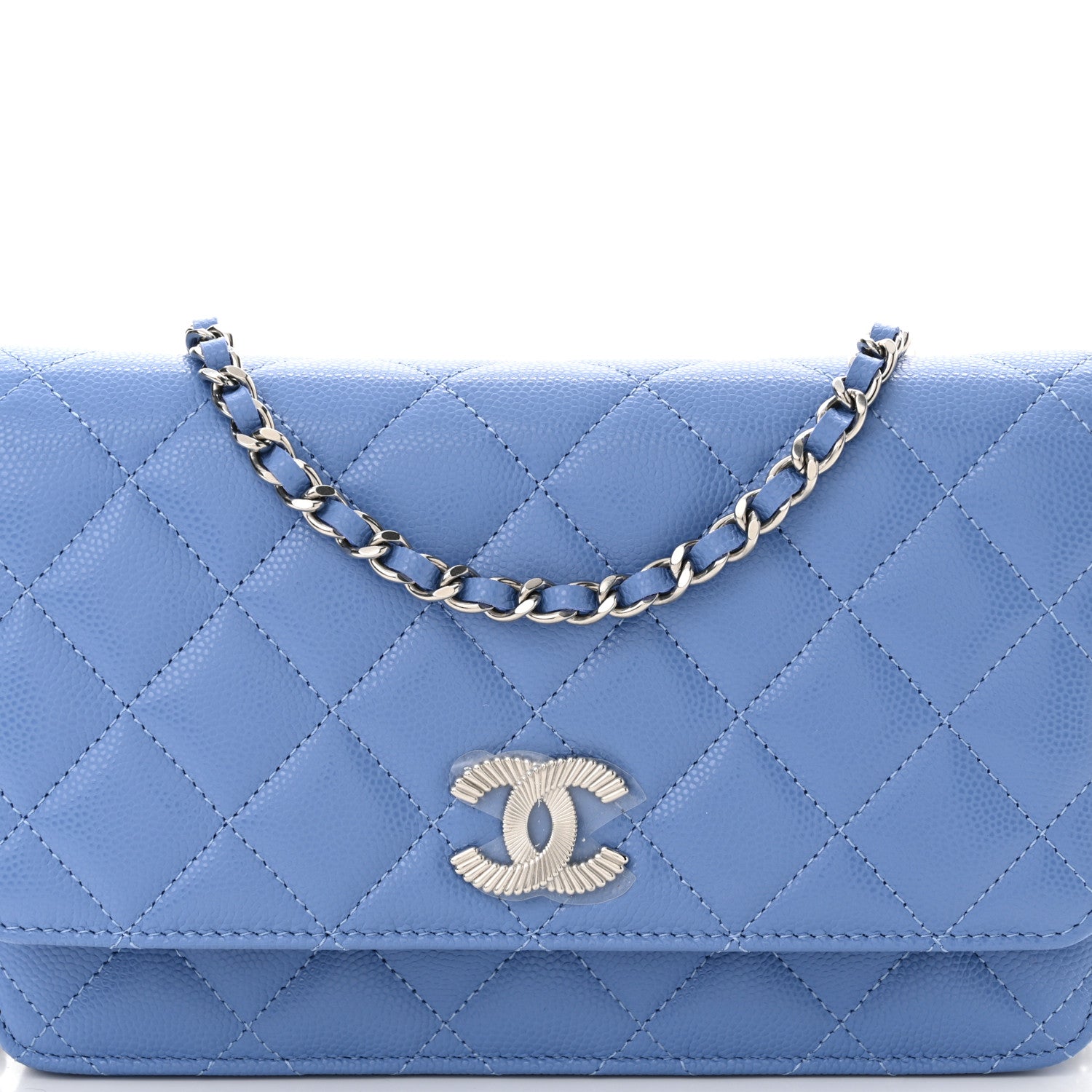 Chanel Caviar Quilted Ribbed Metal Wallet on Chain WOC Blue 9 of 12