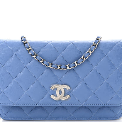 Chanel Caviar Quilted Ribbed Metal Wallet on Chain WOC Blue 9 of 12