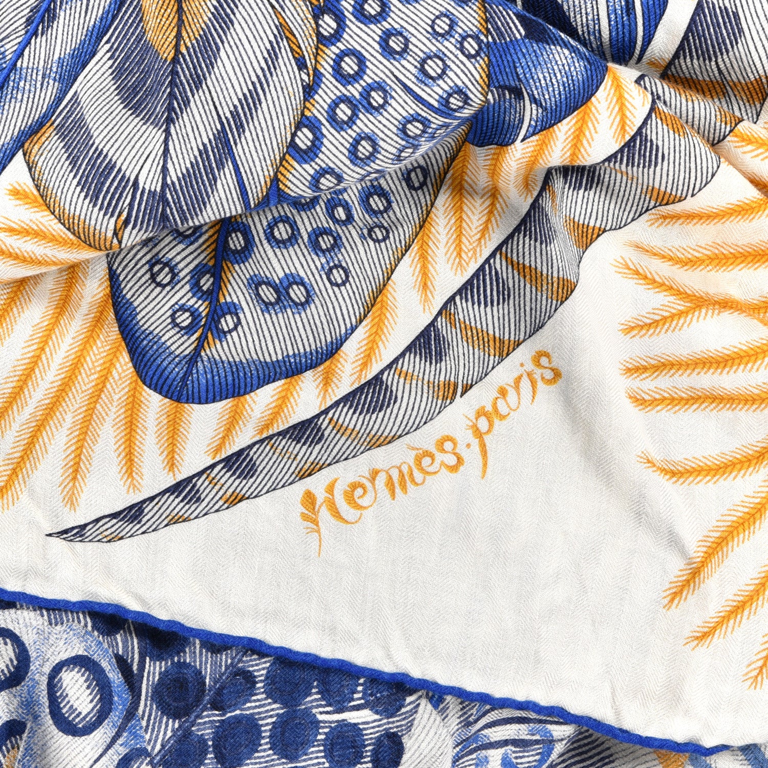 Hermes Cashmere Silk Plumes En Fete Shawl 140 White Bleu Gold 2 of 4
