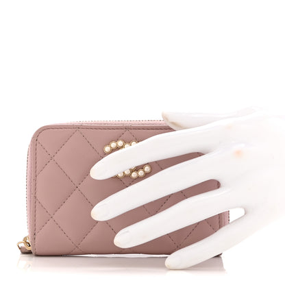 Chanel Lambskin Quilted Pearl CC Zip Around Coin Purse Wallet Pink 2 of 9