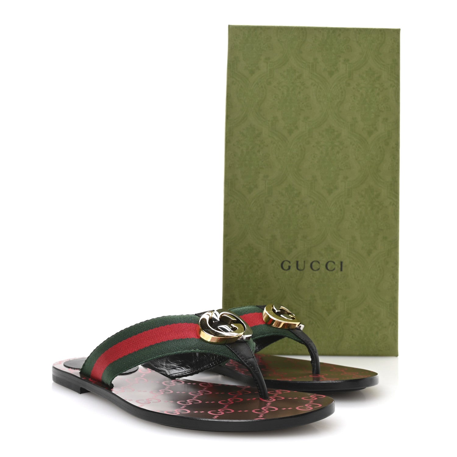 Gucci Nylon Calfskin Web GG Monogram Womens Thong Sandals 36.5 Green Red Cocoa 8 of 8