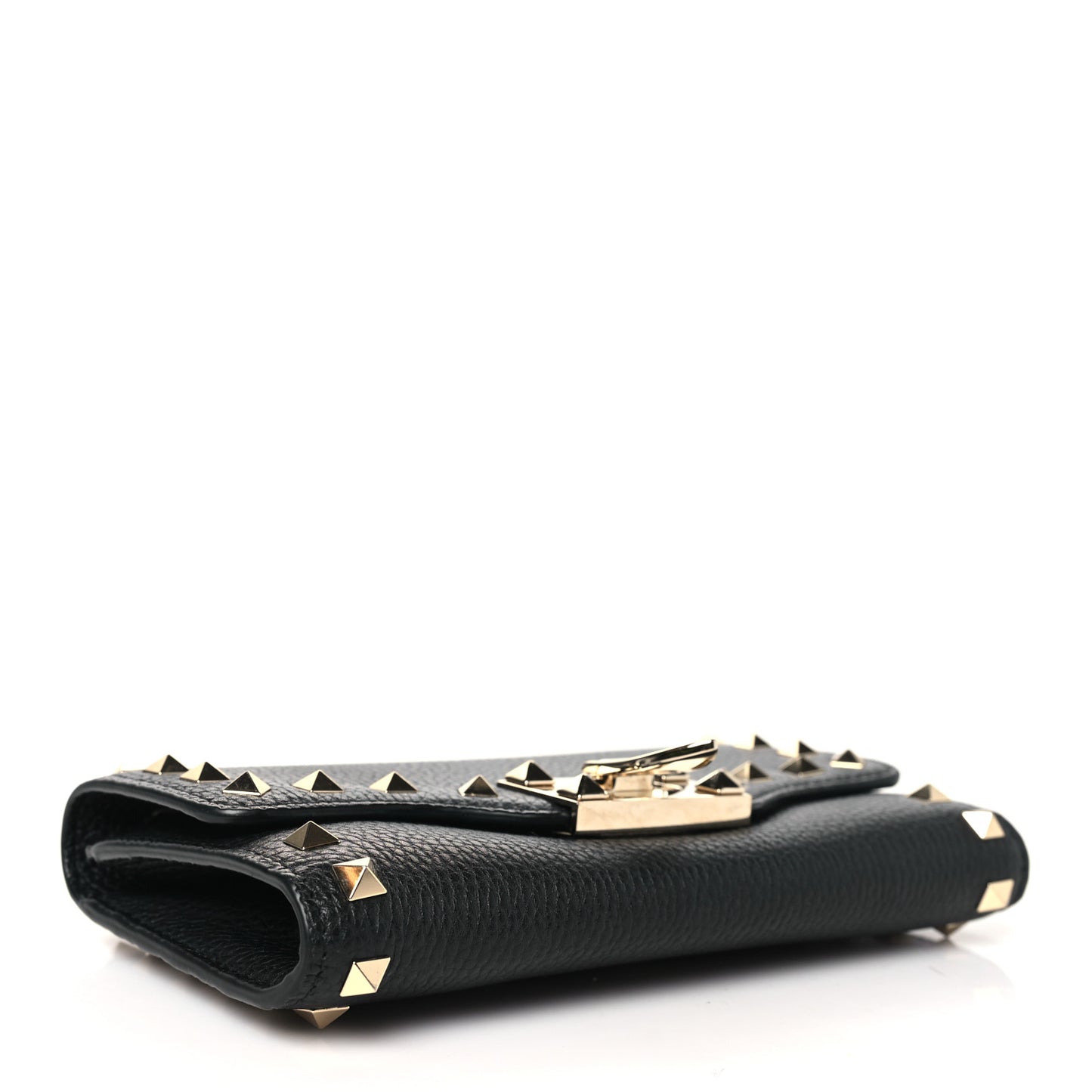 Pebbled Calfskin Rockstud Flip Lock Wallet On Chain Black
