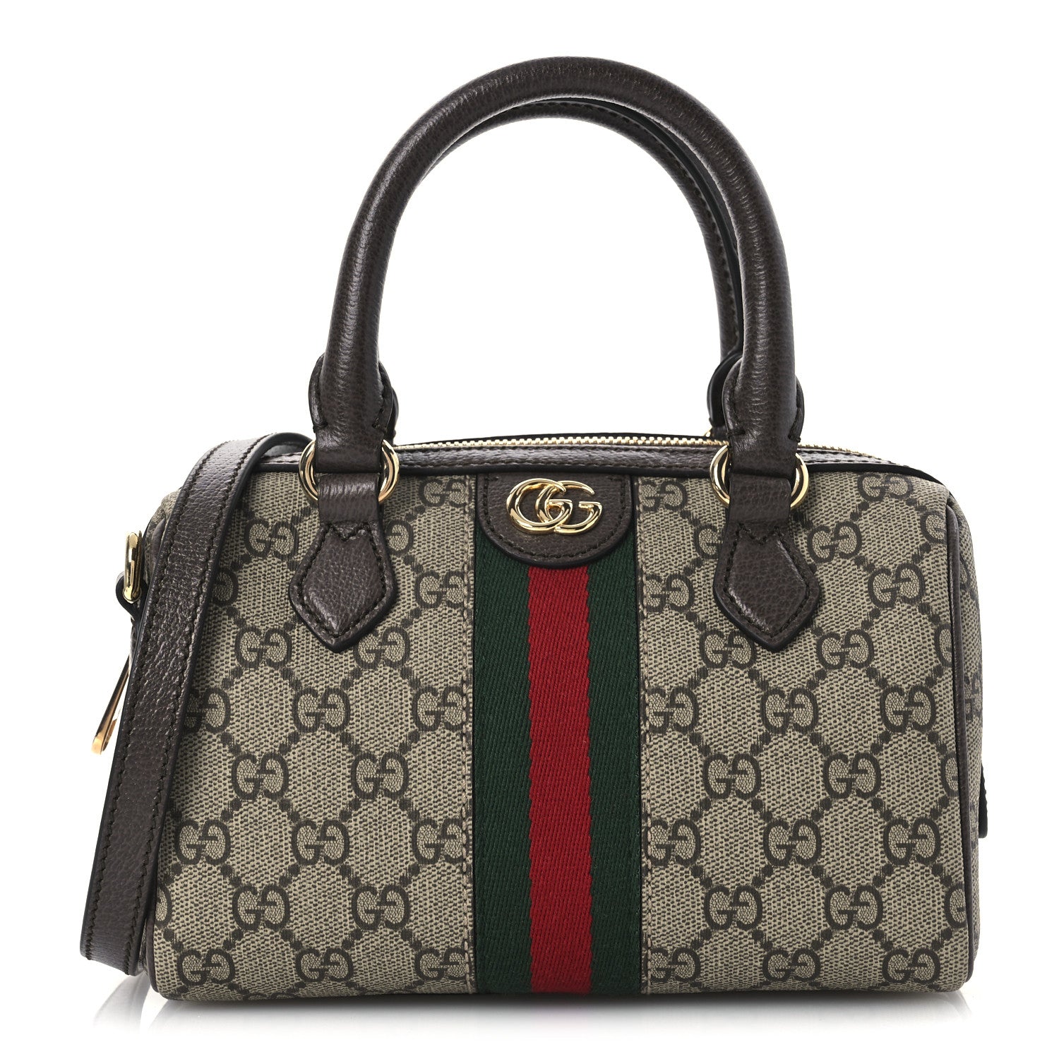 Gucci GG Supreme Monogram Textured Dollar Calfskin Web Mini Ophidia Top Handle Bag Beige Ebony New Acero 1 of 10