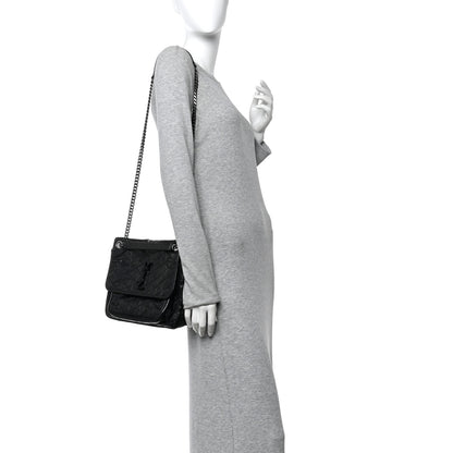 Saint Laurent Crinkled Calfskin Matelasse Monogram Medium Niki Chain Satchel Black 2 of 11