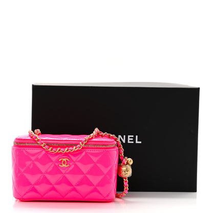 Chanel Patent Quilted Pearl Crush Small Vanity Case With Chain Neon Pink 12 of 12
