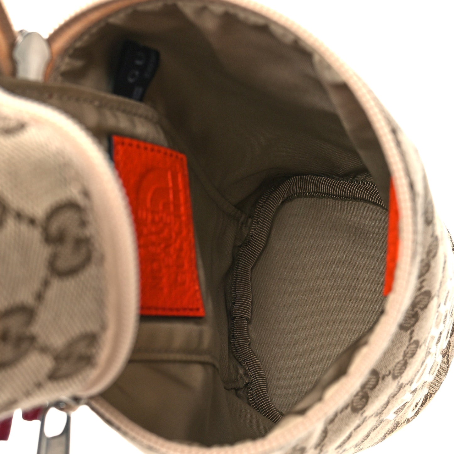 X THE NORTH FACE Monogram Textured Dollar Calfskin Barrel Shoulder Bag Beige Ebony Mystic White Deep Orange