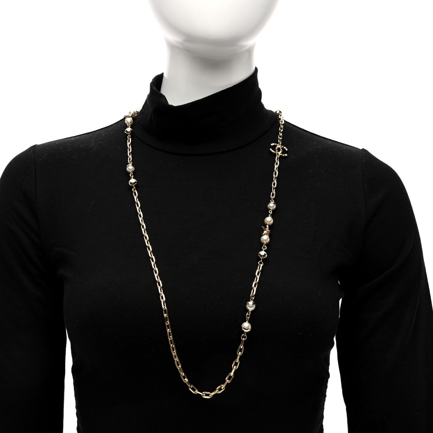 Metal Pearl CC Star Long Necklace Gold