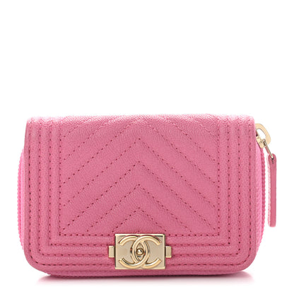 Chanel Caviar Chevron Quilted Boy Zip Around Coin Purse Wallet Dark Pink 1 of 7