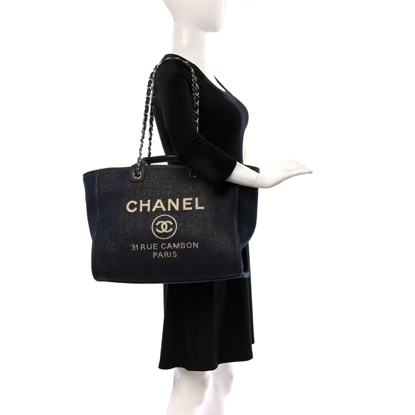 Lurex Canvas Medium Deauville Tote Navy Blue Gold