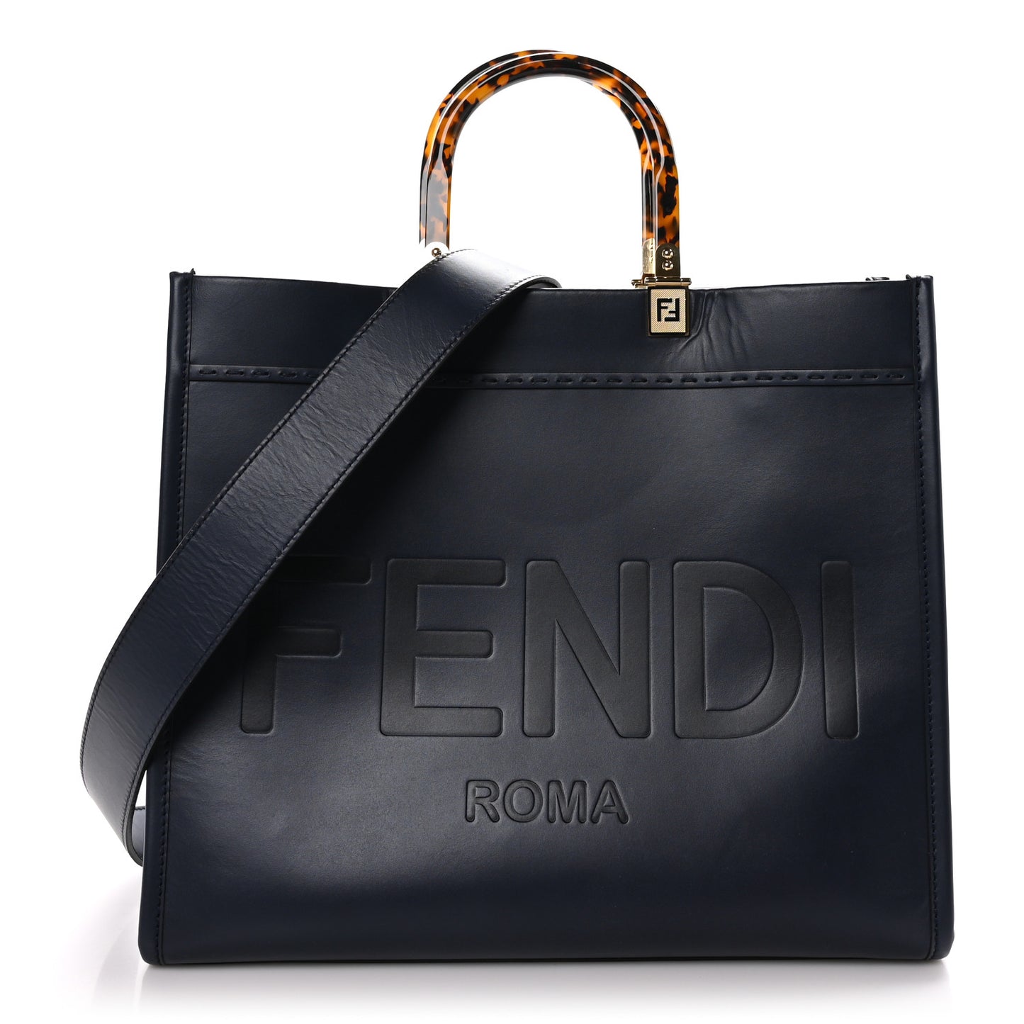 Vitello King Plexiglass Logo Embossed Medium Fendi Sunshine Shopper Tote Midnight