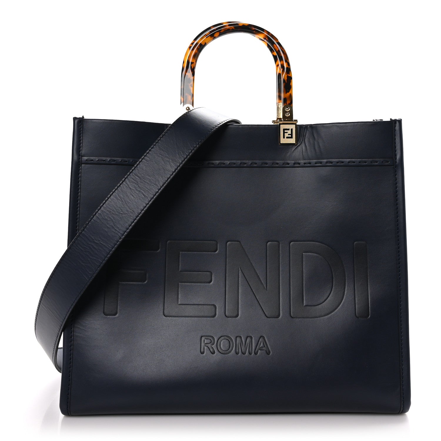 Fendi Vitello King Plexiglass Logo Embossed Medium Fendi Sunshine Shopper Tote Midnight 1 of 10