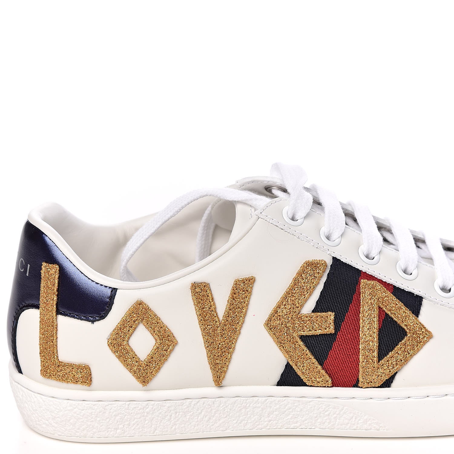 Gucci Calfskin Nappa Web LOVED Embroidered Womens Ace Sneakers 37.5 White Red Flame Notte 10 of 13