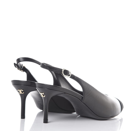 Chanel Goatskin Grosgrain Cap Toe CC Slingback Sandals 36.5 Black 4 of 9