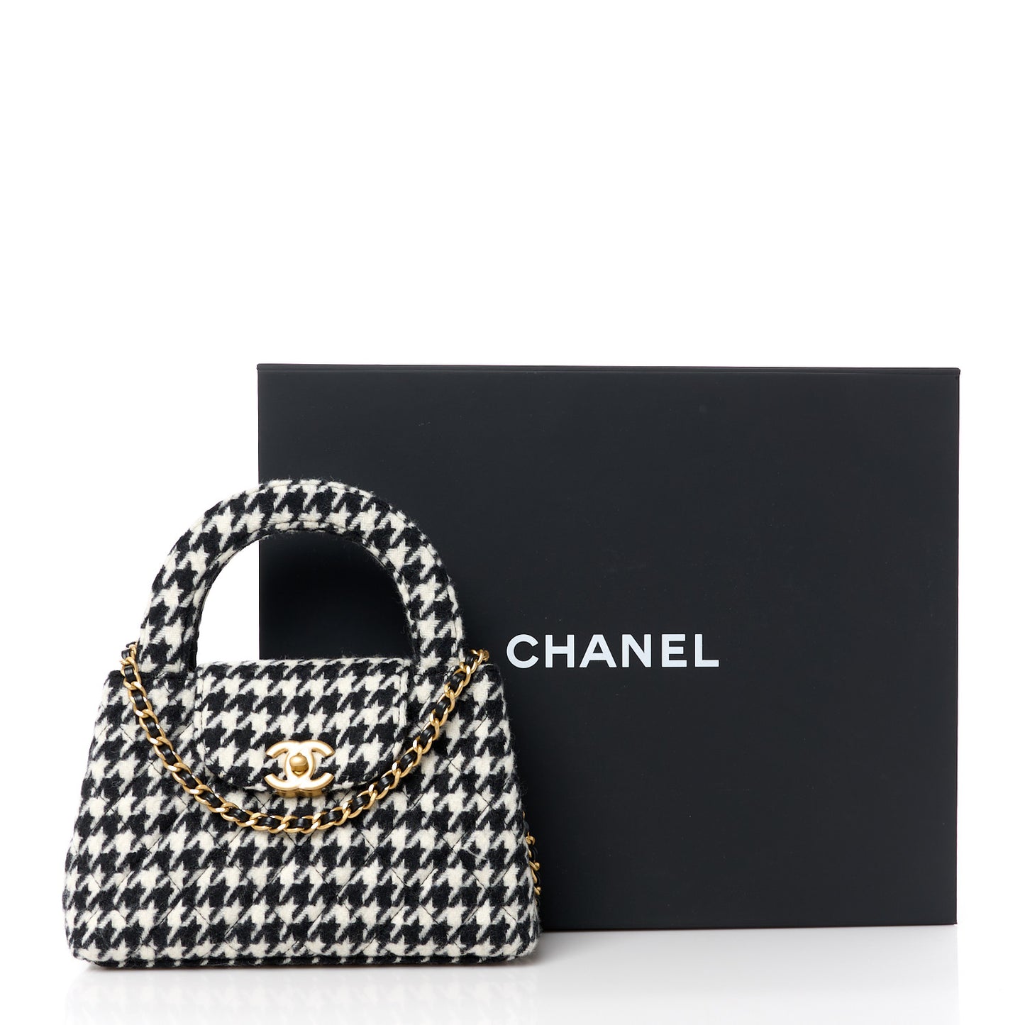 Tweed Houndstooth Quilted Nano Kelly Shopper Black White