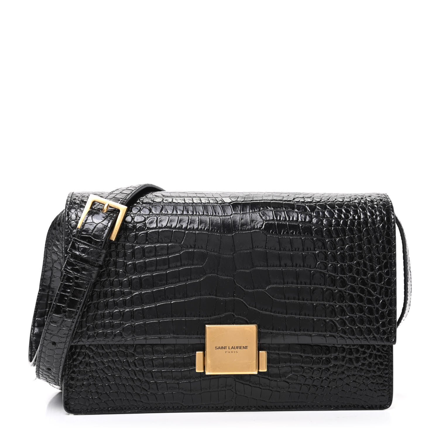 Saint Laurent Calfskin Crocodile Embossed Medium Bellechasse Satchel Black 1 of 9
