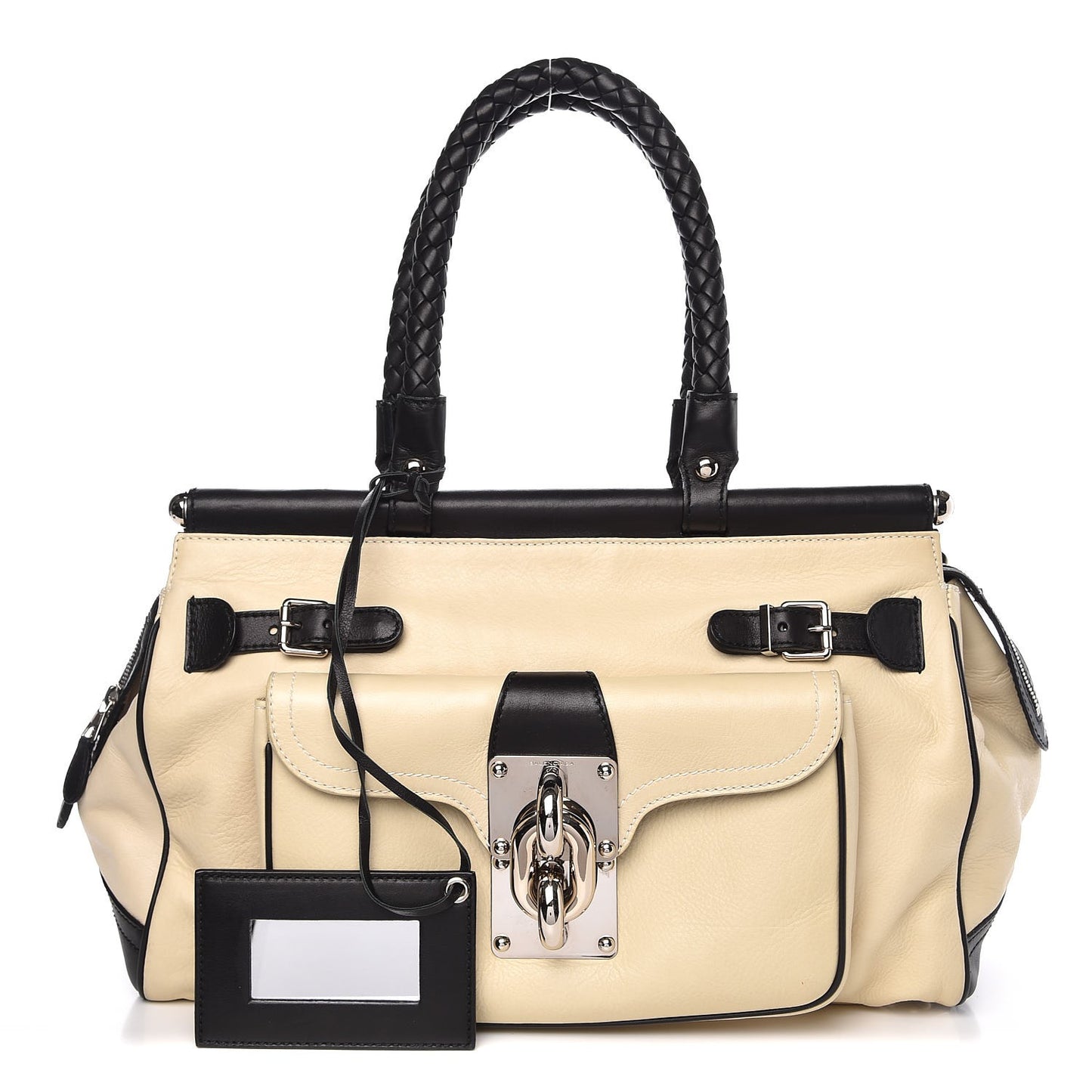 Calfskin Chain Lock Frame Satchel Beige Black