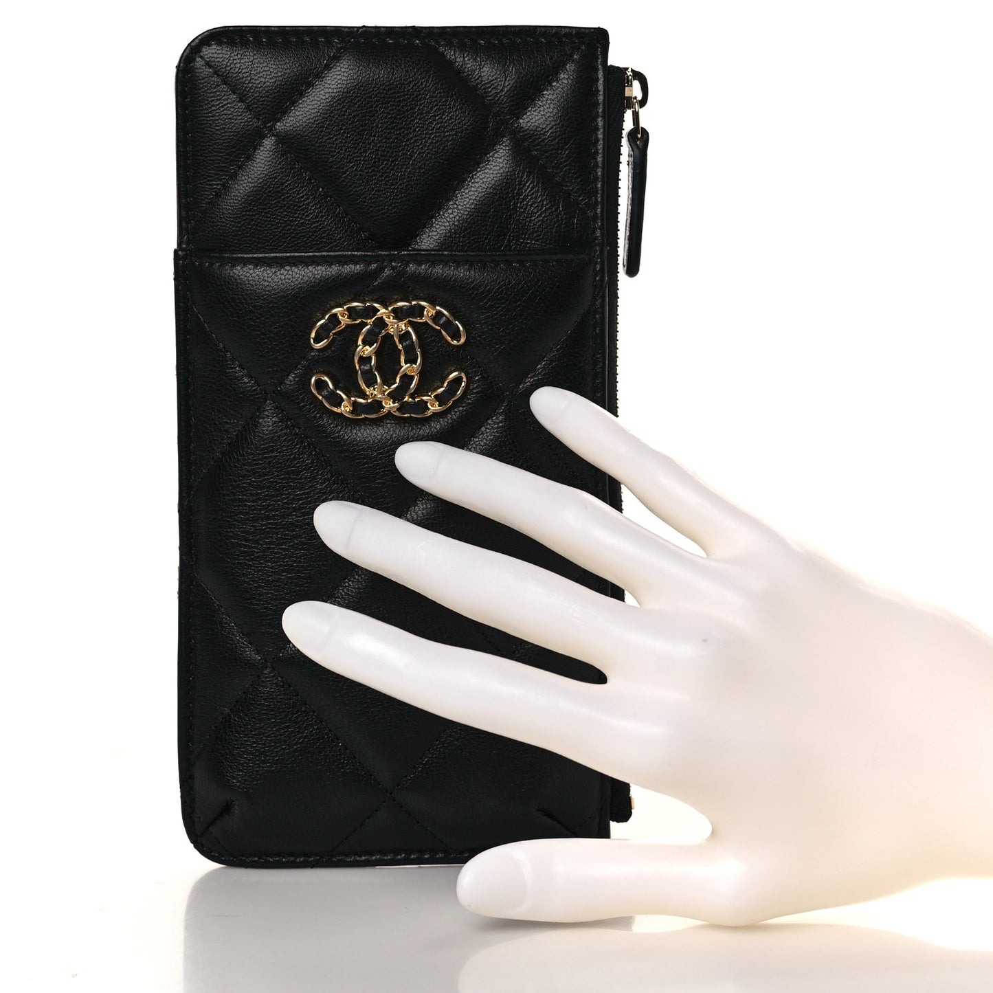 Shiny Goatskin Quilted Chanel 19 Phone and Card Holder Black