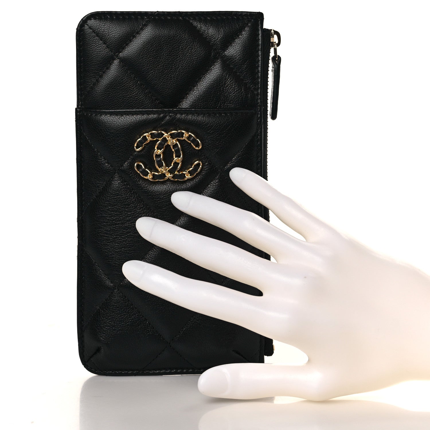 Chanel Shiny Goatskin Quilted Chanel 19 Phone and Card Holder Black 2 of 9