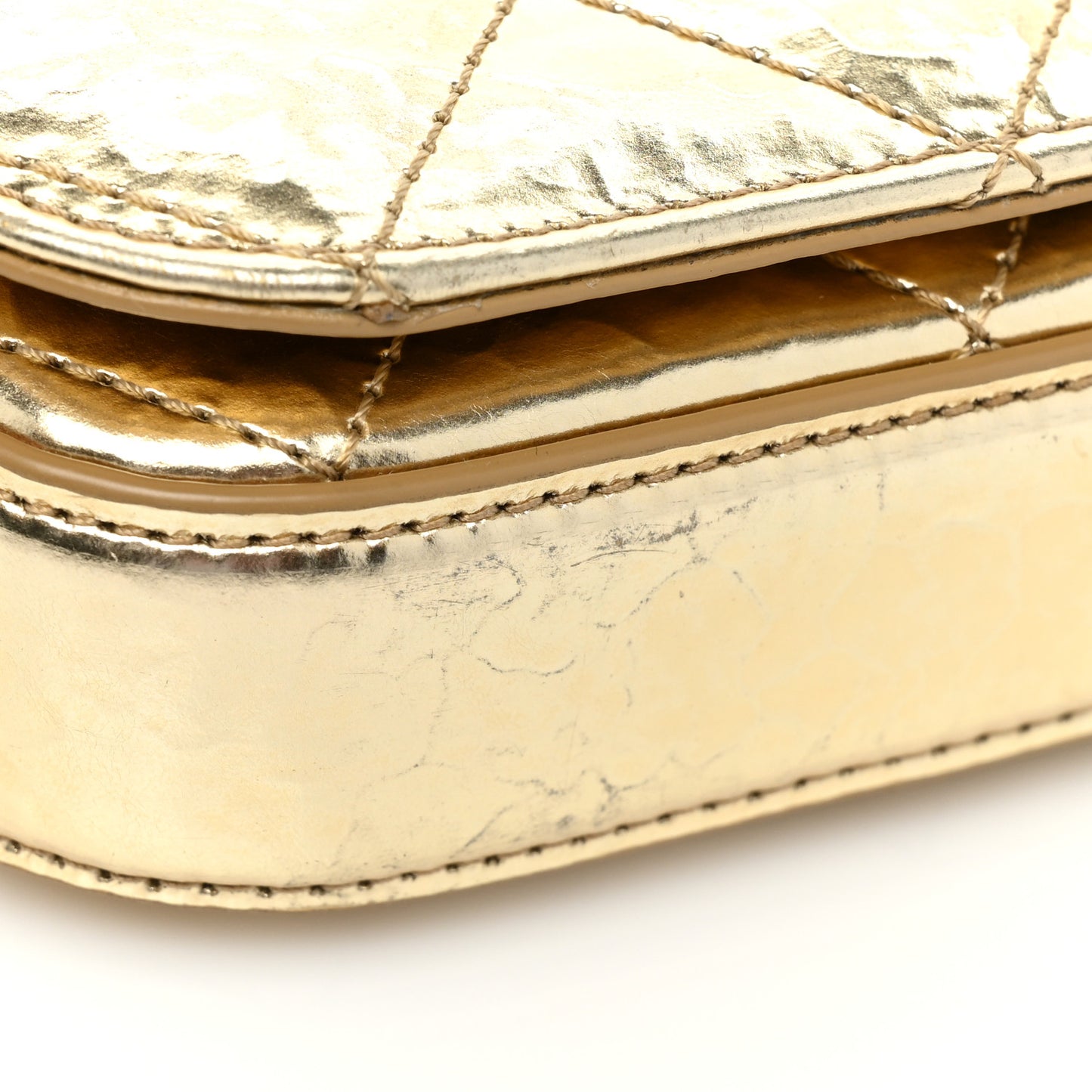Hammered Metallic Calfskin Quilted Flap Gold