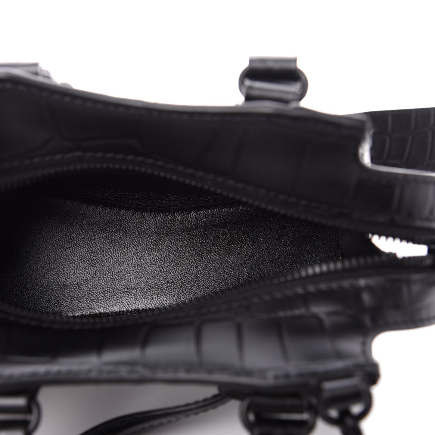 Semi Shiny Calfskin Crocodile Embossed Neo Classic Black Hardware Nano City Crossbody Black