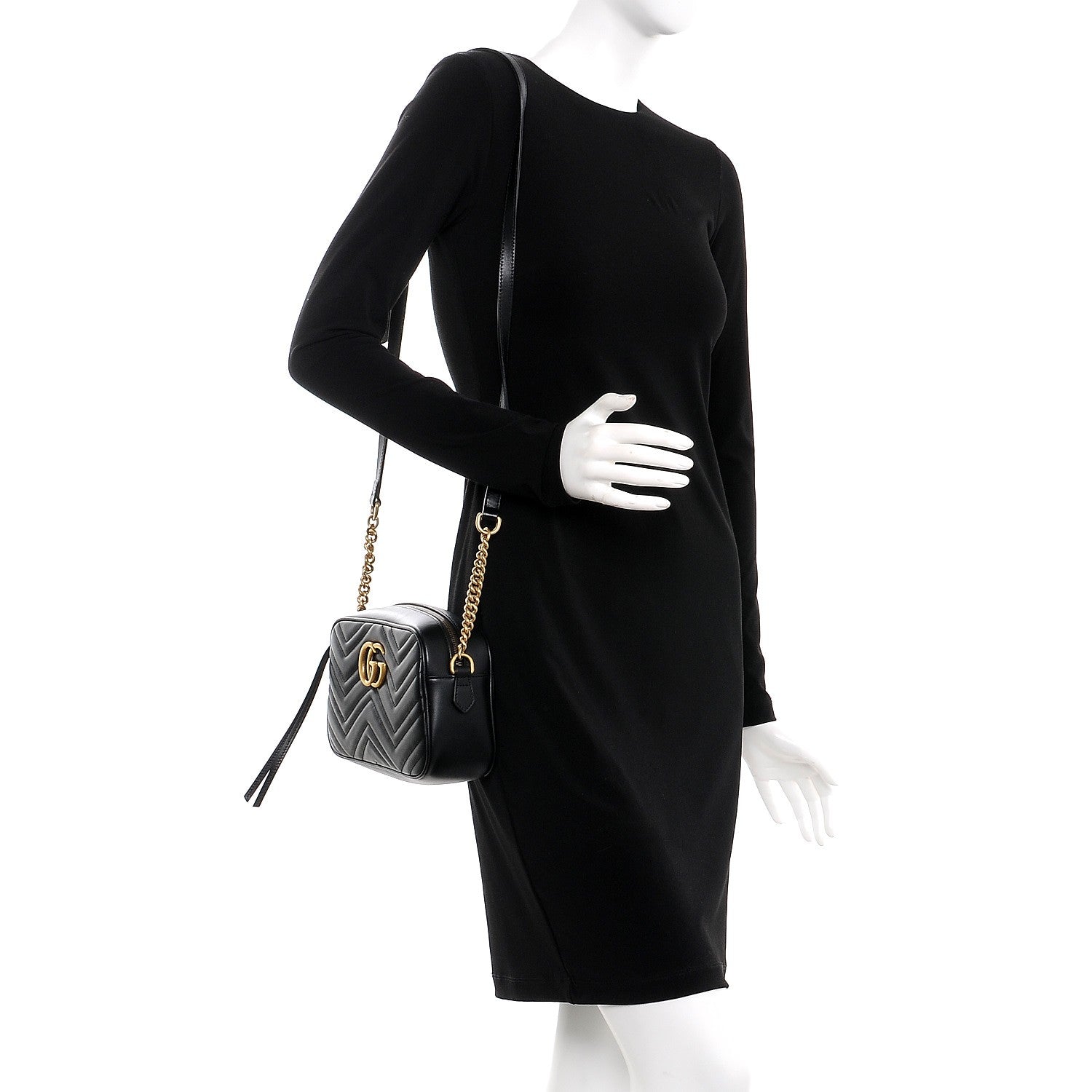 Gucci Calfskin Matelasse Small GG Marmont Chain Shoulder Bag Black 2 of 9