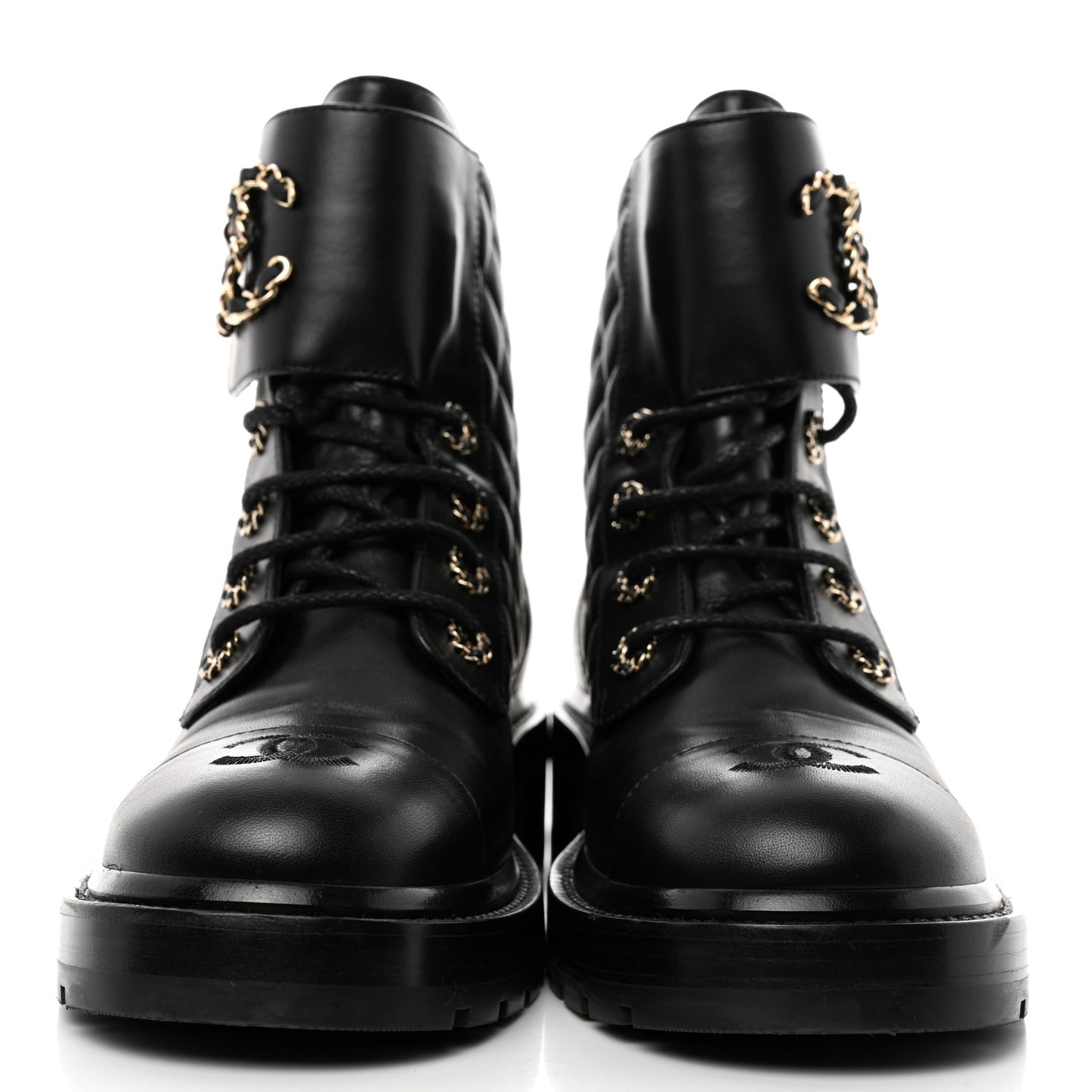 Shiny Calfskin Quilted Lace Up Combat Boots 39 Black