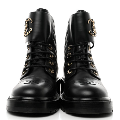 Chanel Shiny Calfskin Quilted Lace Up Combat Boots 39 Black 2 of 9