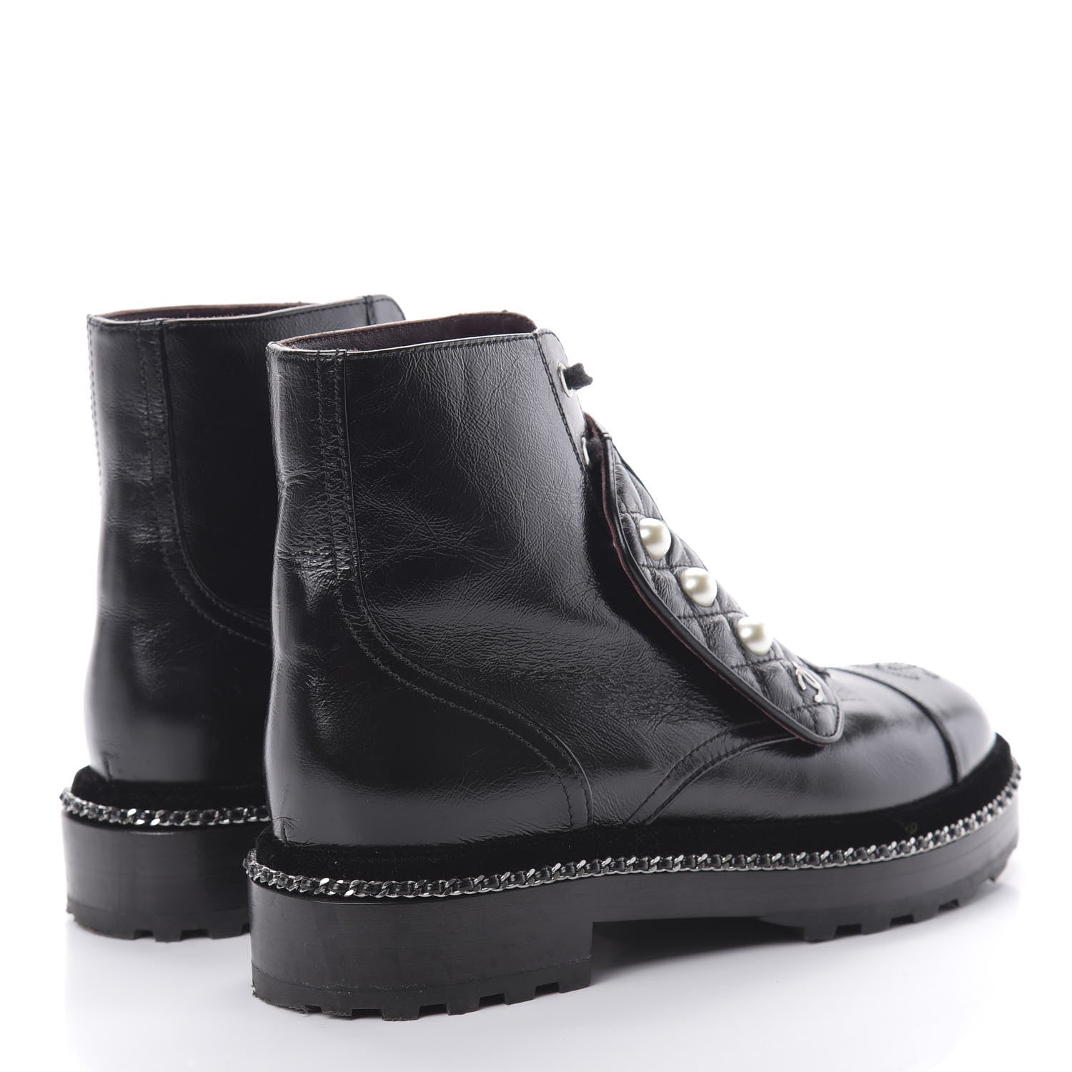 Chanel Crackled Calfskin Velvet Pearl Combat Short Boots 37.5 Black 5 of 8