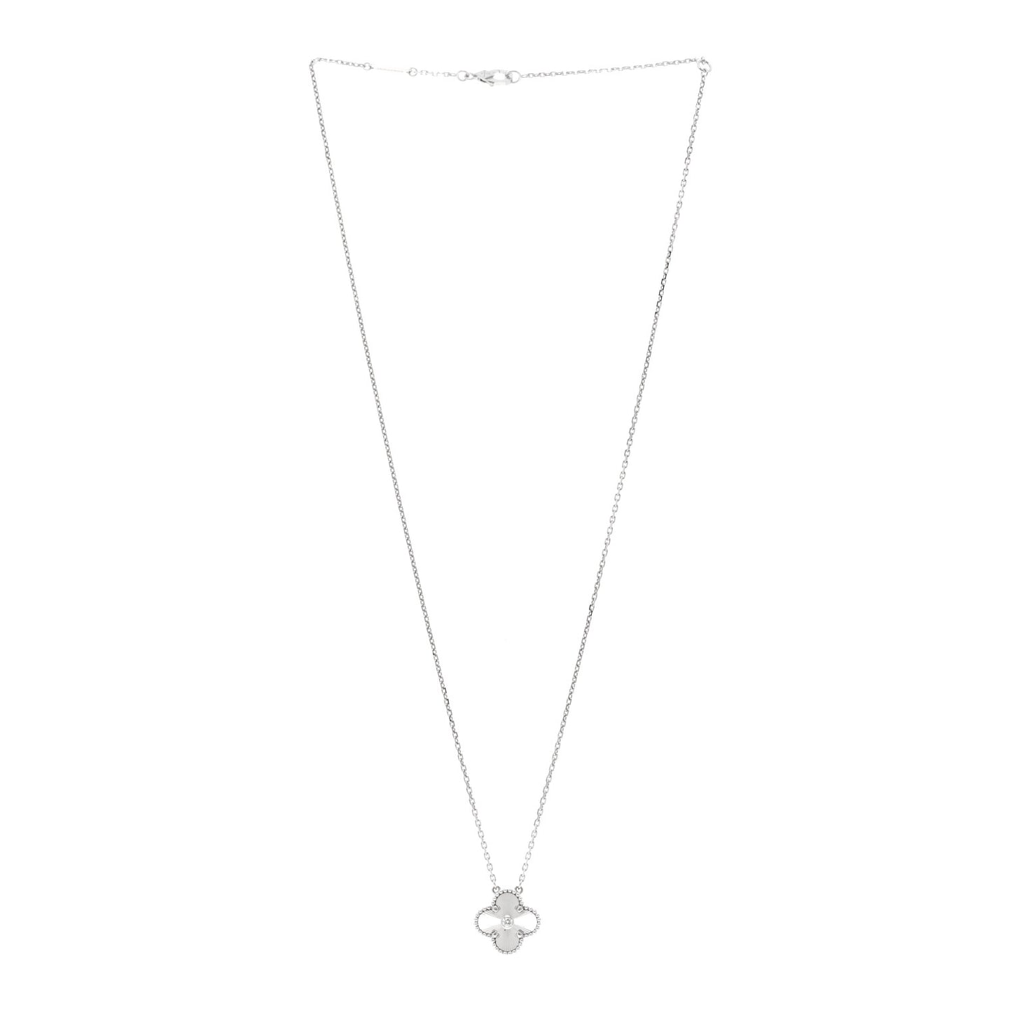 18K White Gold Diamond Guilloche Vintage Alhambra Pendant Necklace