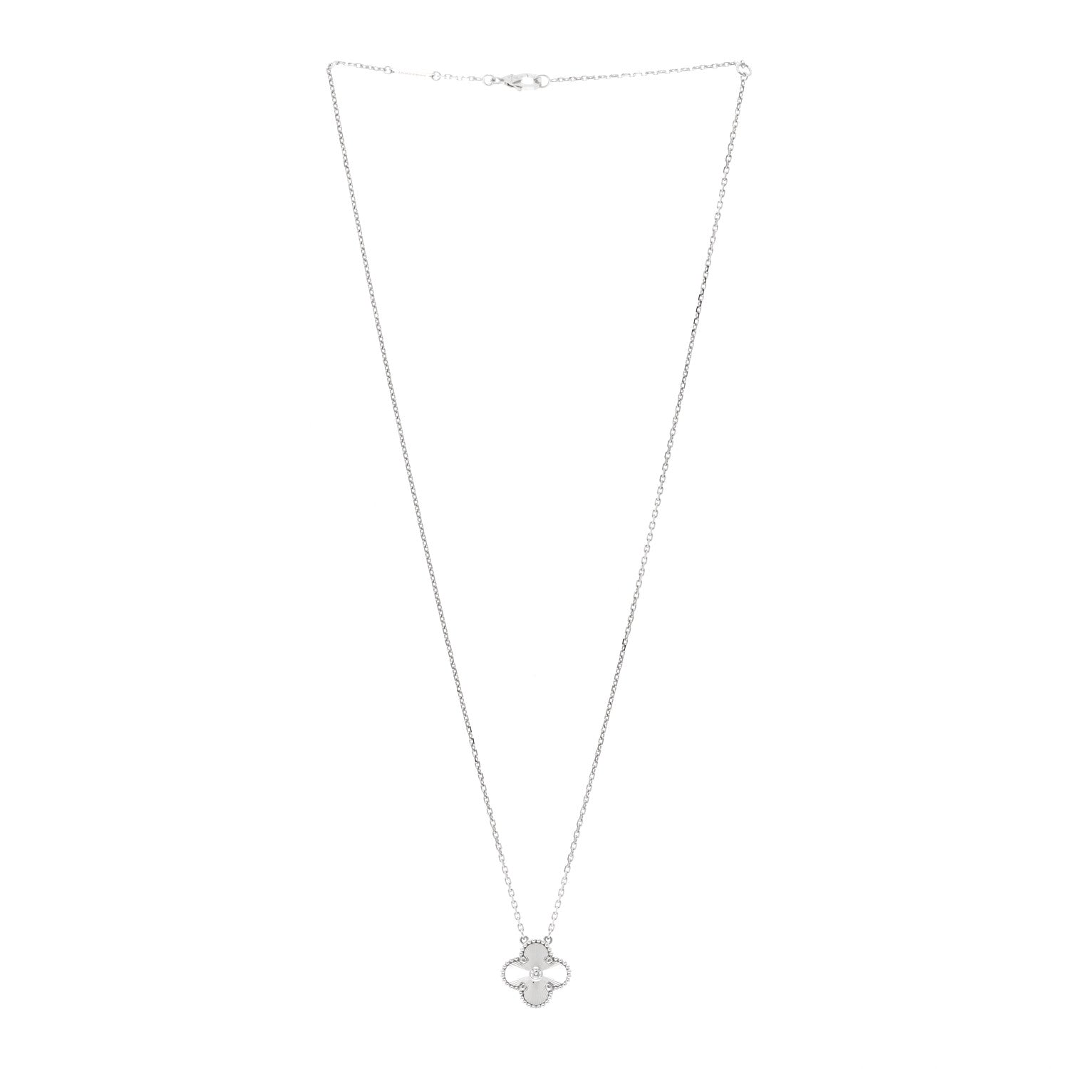Van Cleef & Arpels 18K White Gold Diamond Guilloche Vintage Alhambra Pendant Necklace 4 of 6