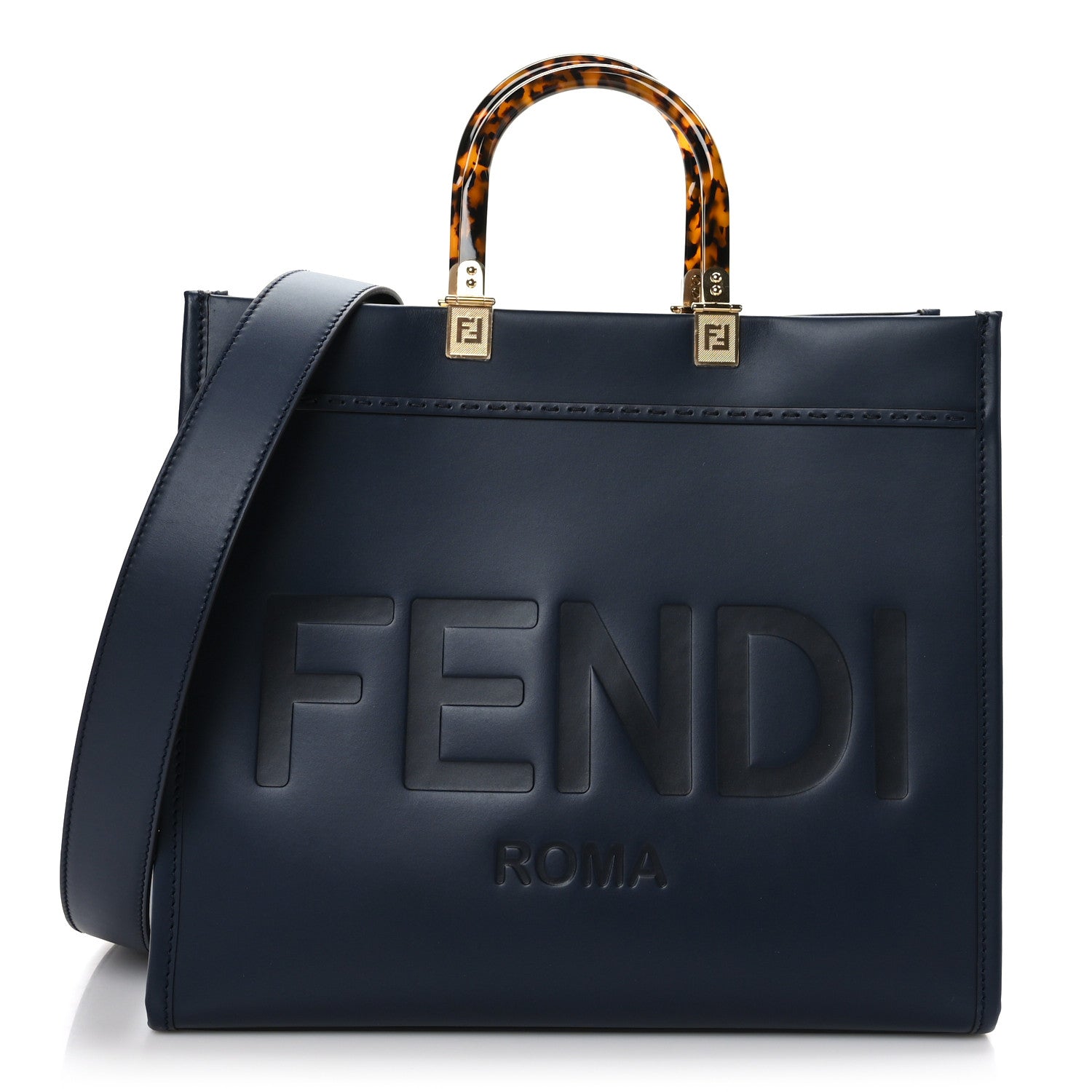 Fendi Vitello King Plexiglass Logo Embossed Medium Fendi Sunshine Shopper Tote Midnight 1 of 9