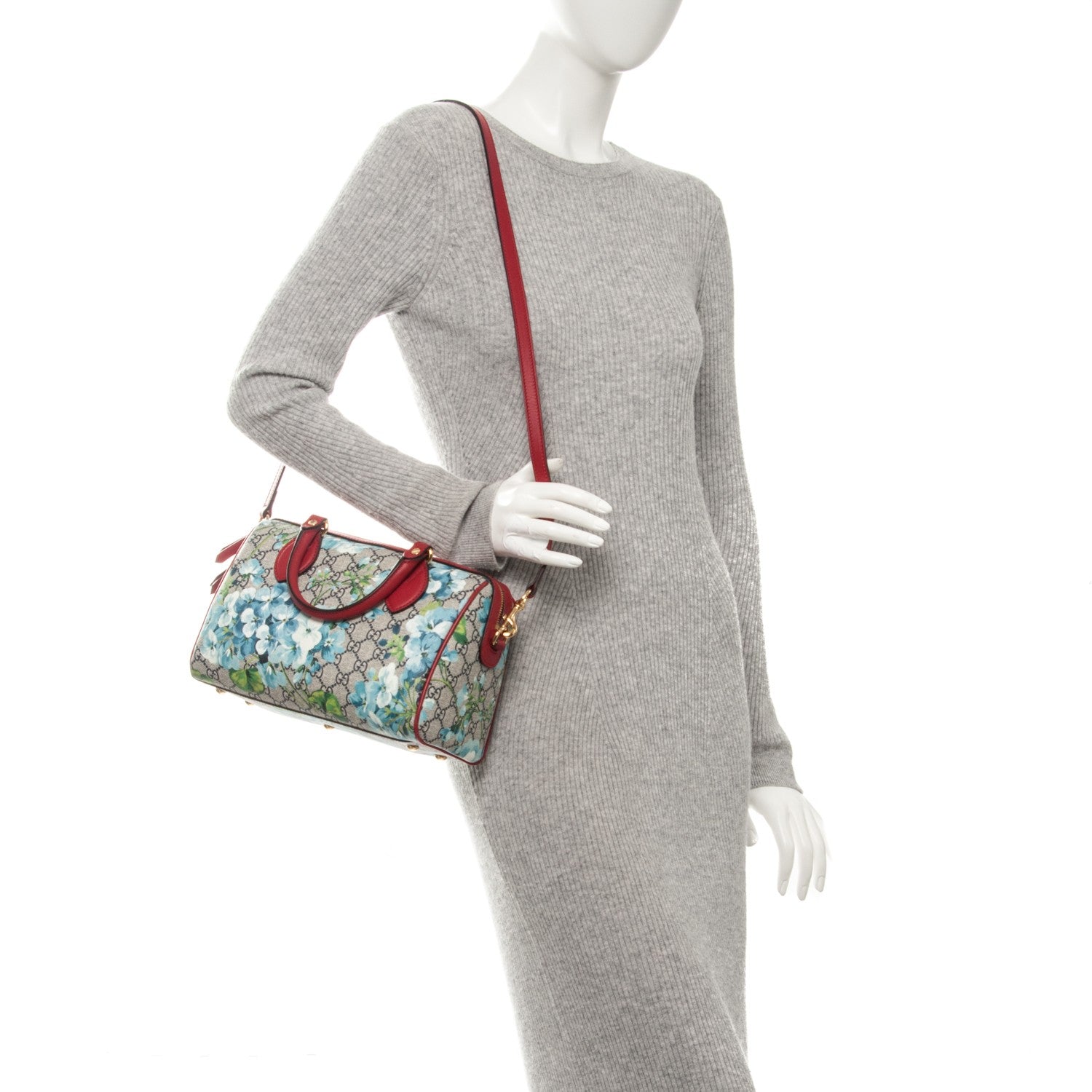 Gucci GG Supreme Monogram Blooms Small Boston Beige Blue Navy Hibiscus Red 2 of 7