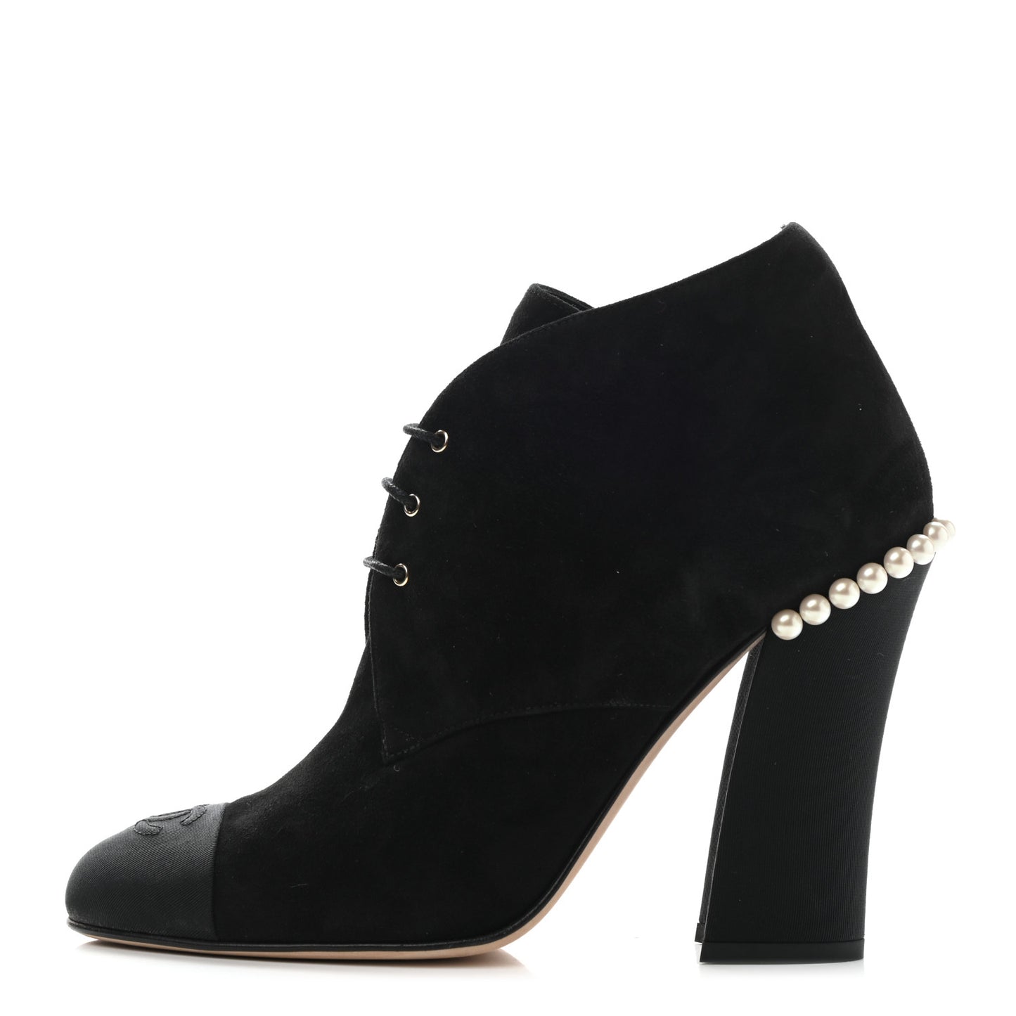 Suede Grosgrain Pearl Lace Up Booties 39.5 Black