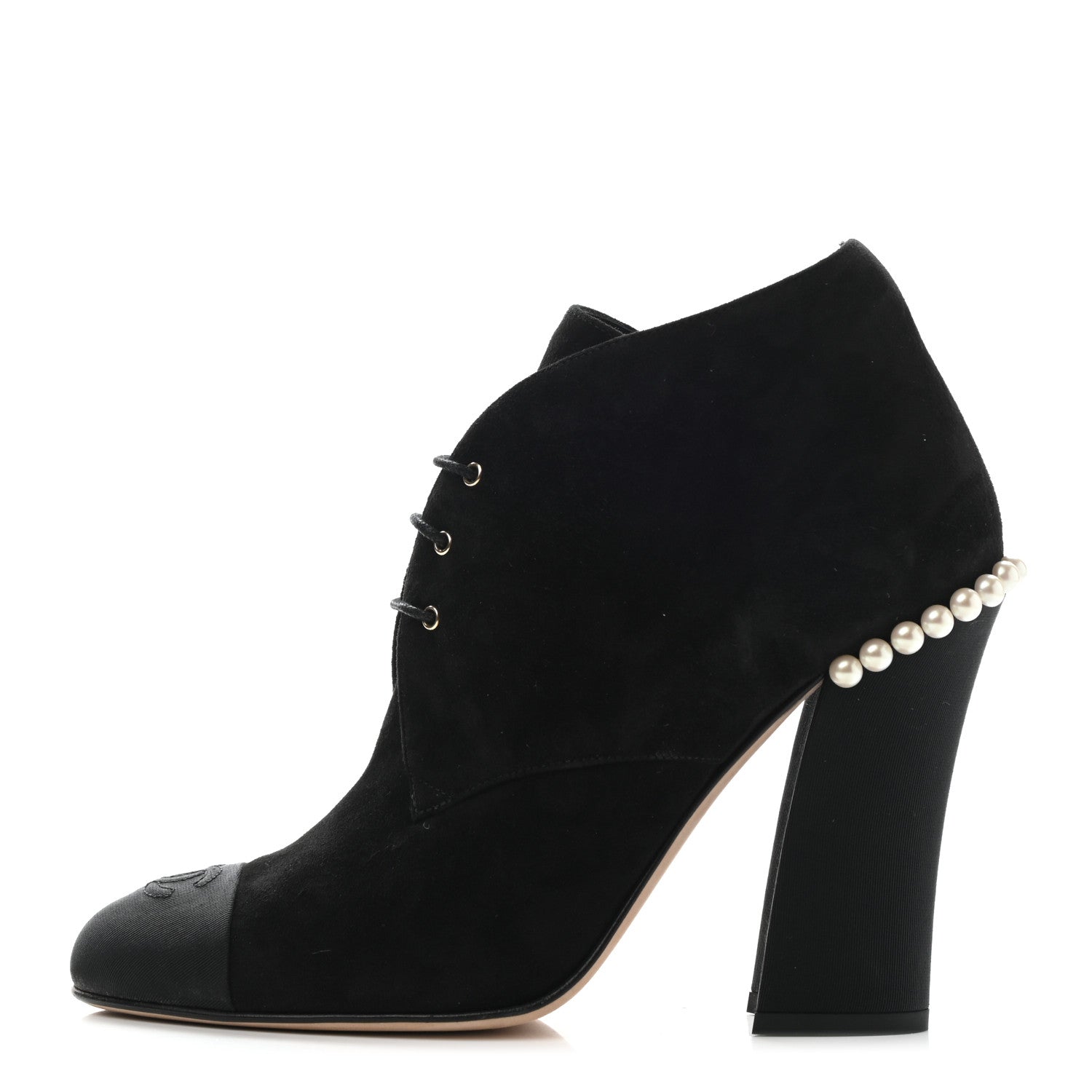 Chanel Suede Grosgrain Pearl Lace Up Booties 39.5 Black 1 of 9