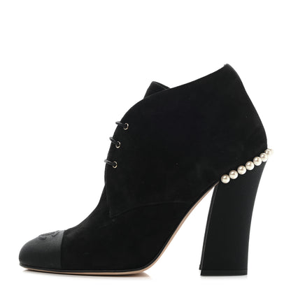 Chanel Suede Grosgrain Pearl Lace Up Booties 39.5 Black 1 of 9
