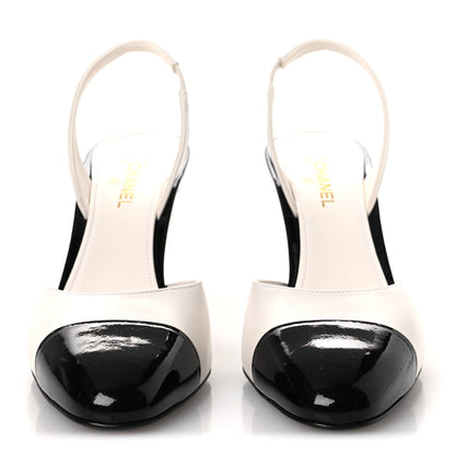 Chanel Lambskin Patent Cap Toe CC Apple Slingback Pumps 39 White Black 3 of 11
