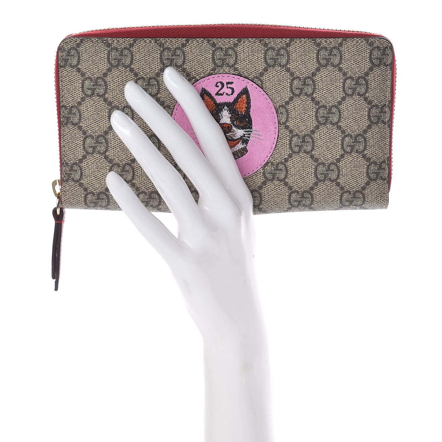 GG Supreme Monogram Bosco Patch Zip Around Wallet Beige Malva Hibiscus Red