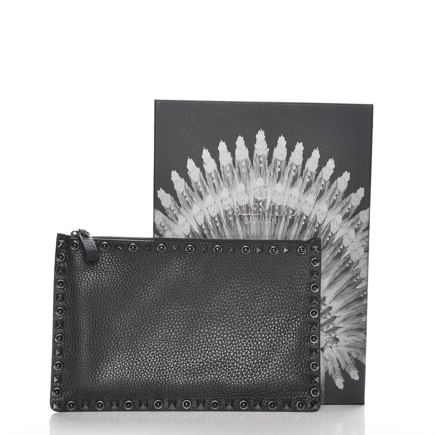 Pebbled Calfskin Onyx Large Rockstud Rolling Zip Pouch Black