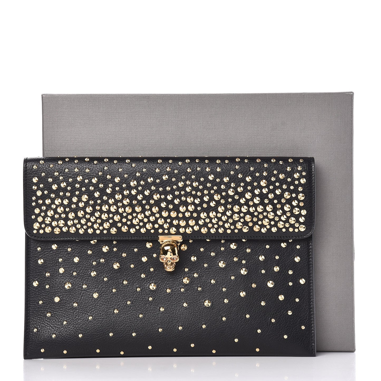 Calfskin Studded Skull Envelope Clutch Black