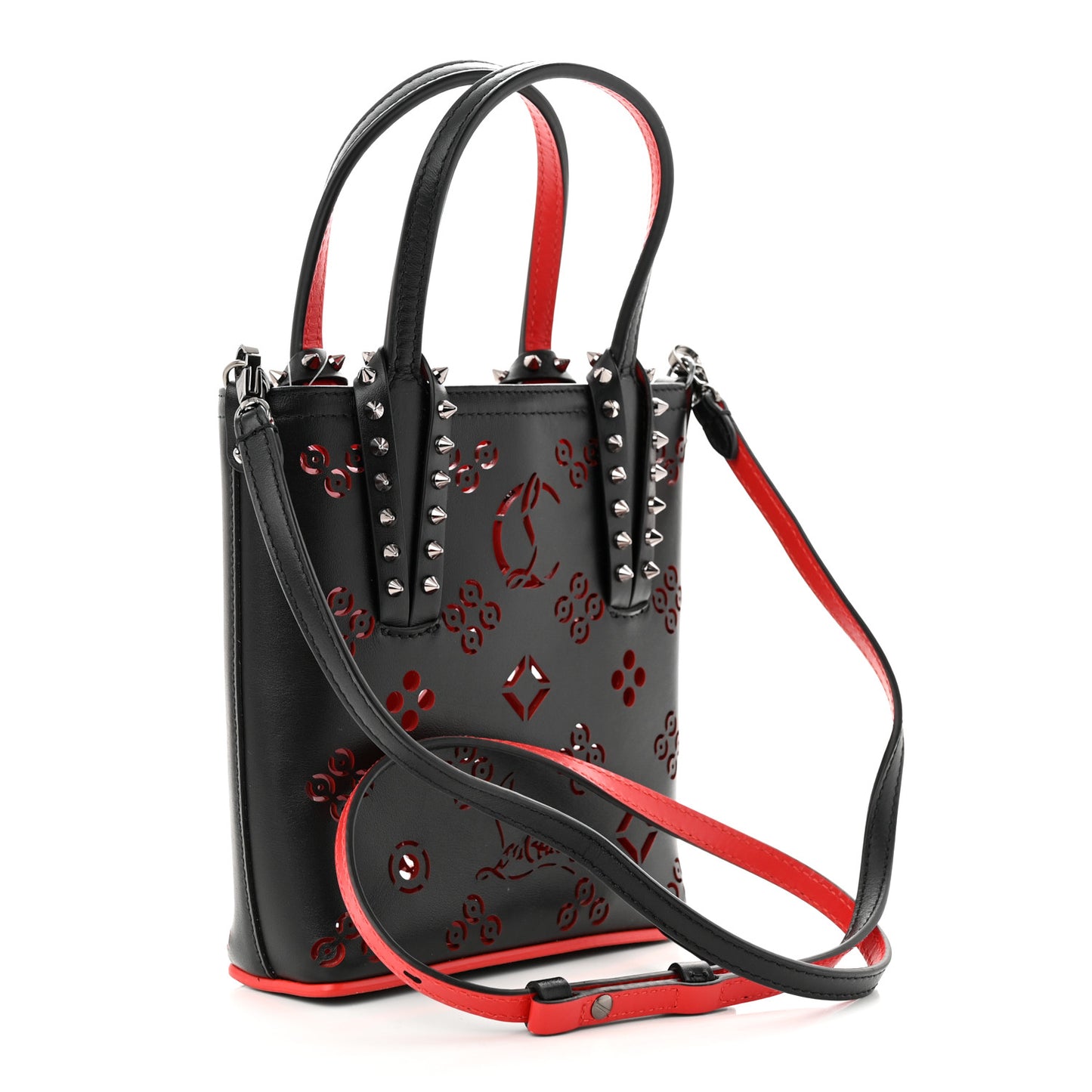 Calfskin Loubinthesky Perforated Spikes Mini North South Cabata Tote Black