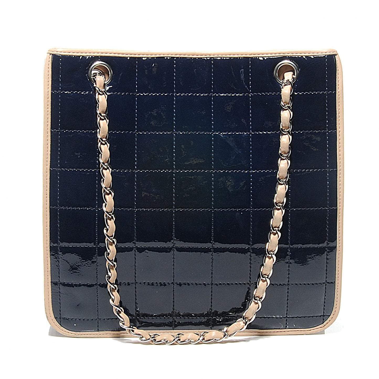 Patent Chocolate Bar Quilted Tote Navy Beige