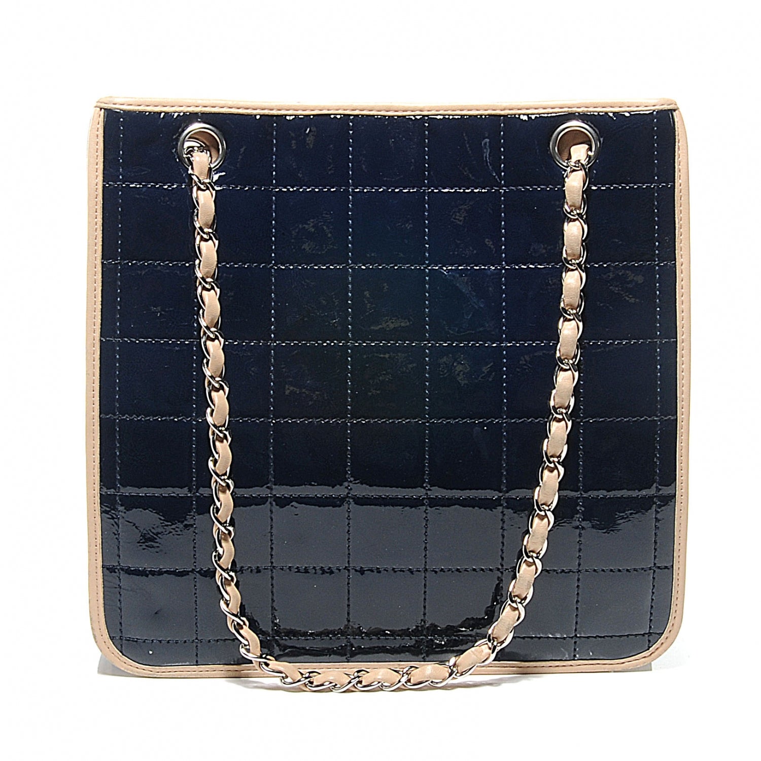 Chanel Patent Chocolate Bar Quilted Tote Navy Beige 7 of 8