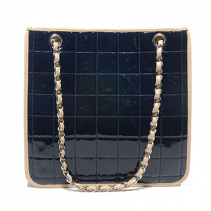 Chanel Patent Chocolate Bar Quilted Tote Navy Beige 7 of 8