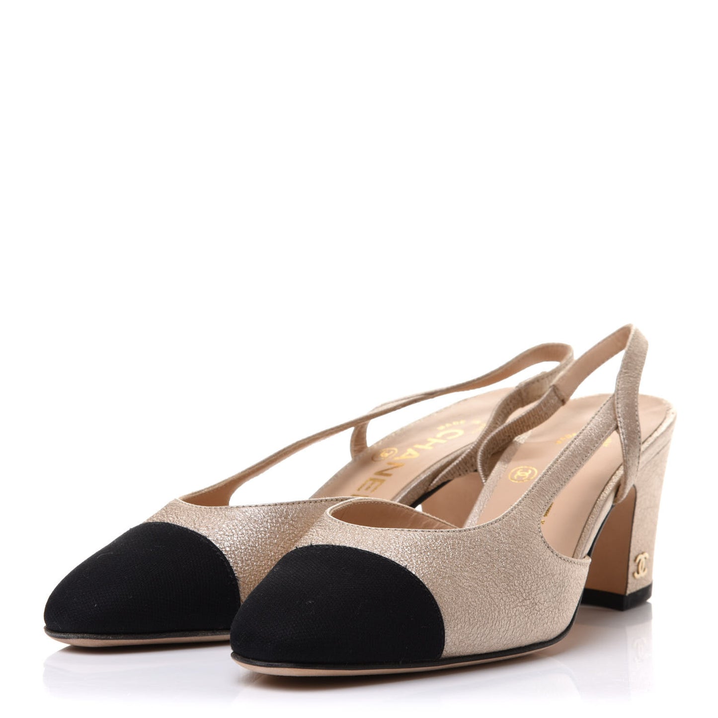 Metallic Lambskin Grosgrain Cap Toe CC Slingback Sandals 35 Gold Black