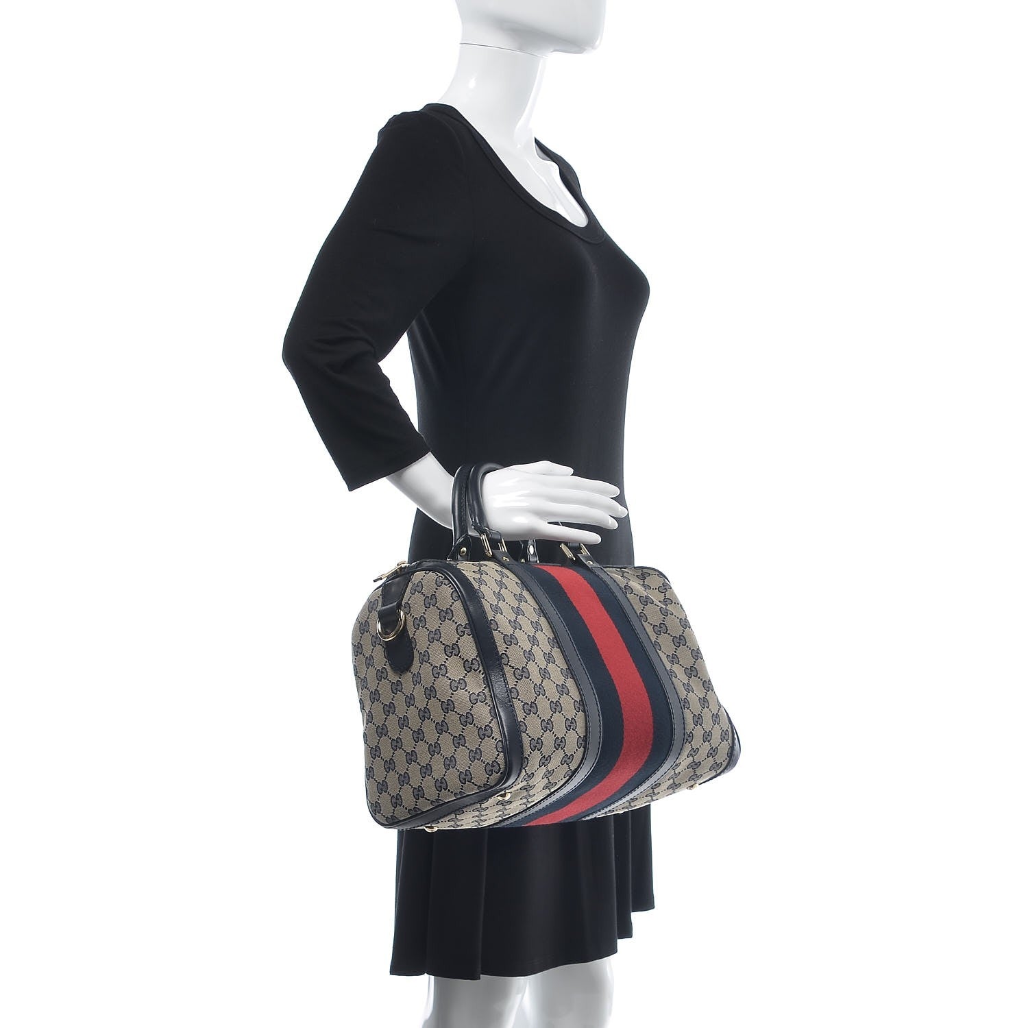 Gucci Monogram Selleria Calfskin Vintage Web Medium Boston Beige Blue 2 of 11