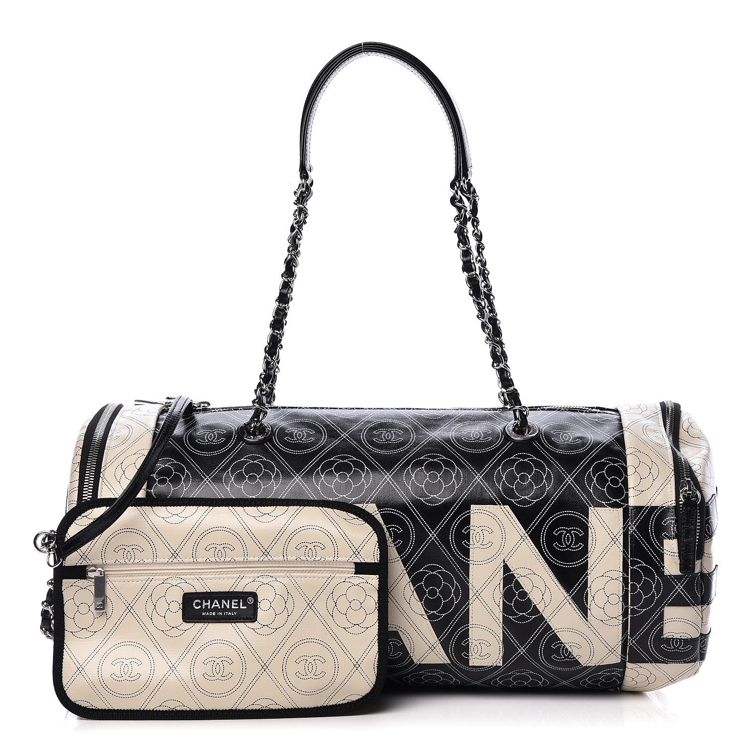 Chanel Coated Canvas Camellia Printed Calfskin Bowling Bag Black Beige 1 of 11